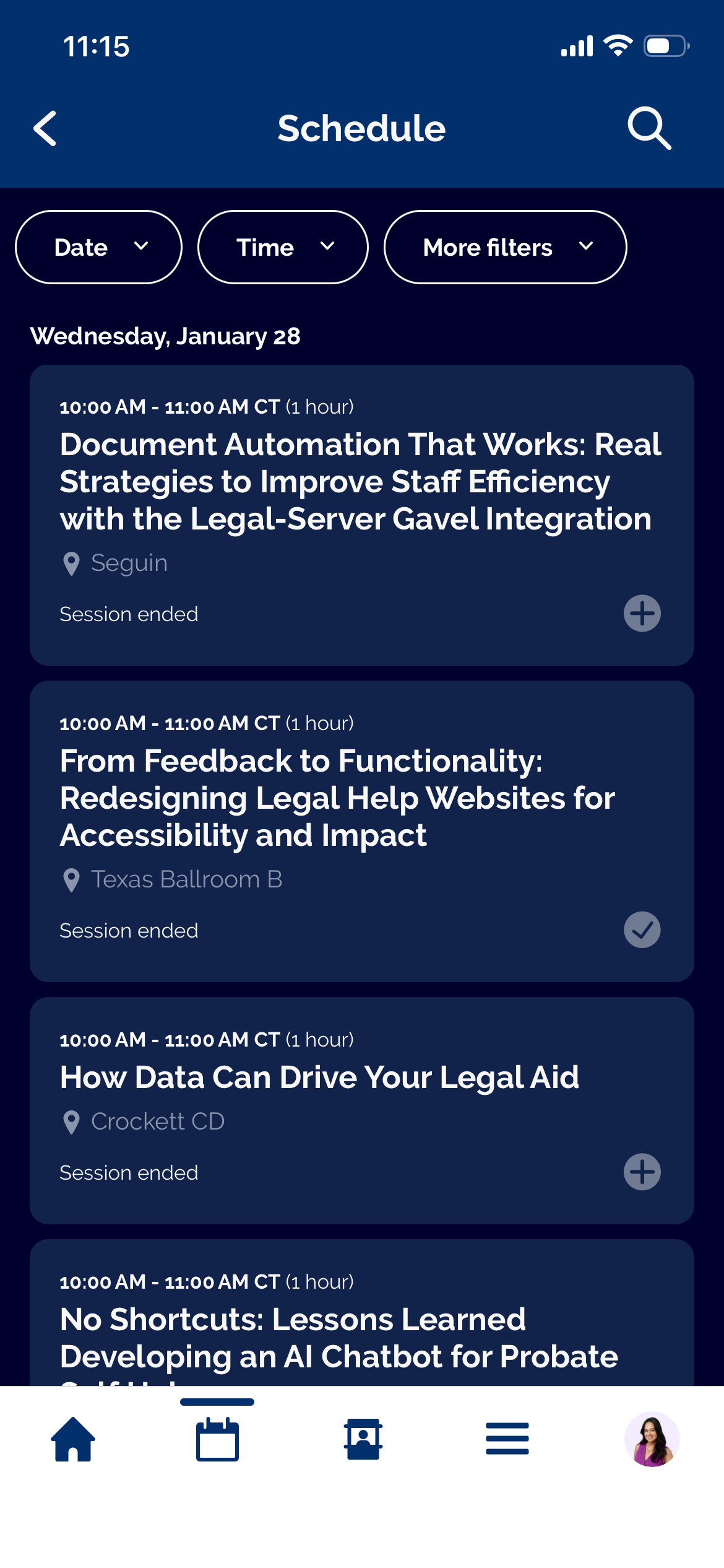 ITC 2026 mobile agenda with session cards and date and time filters