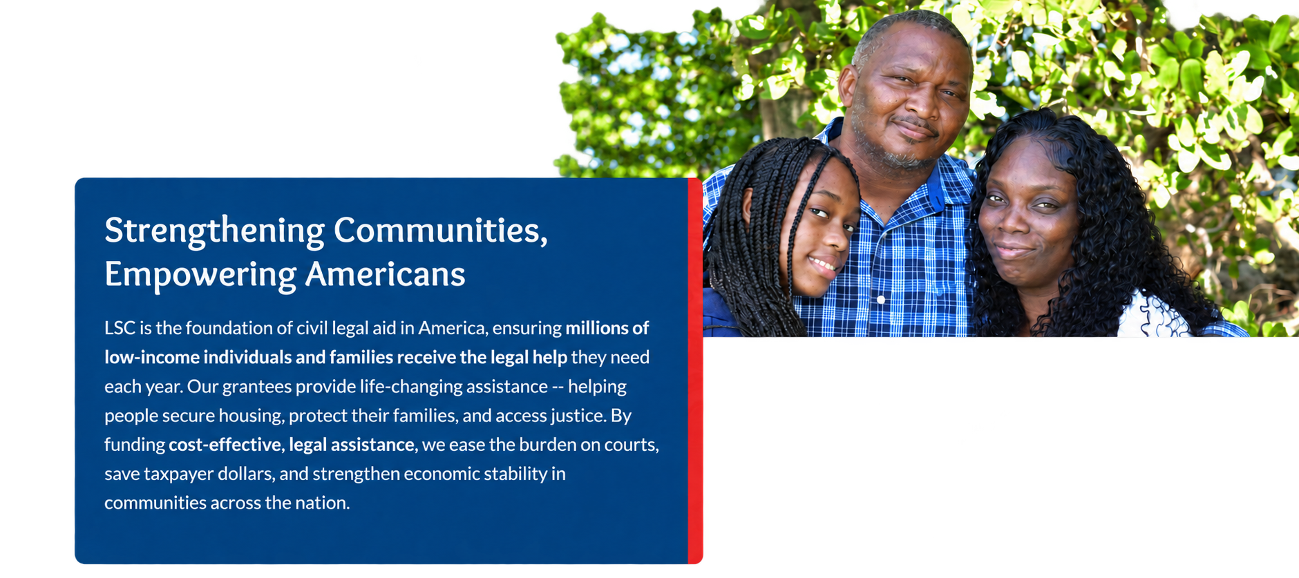 LSC impact page with family photography and a clear mission statement