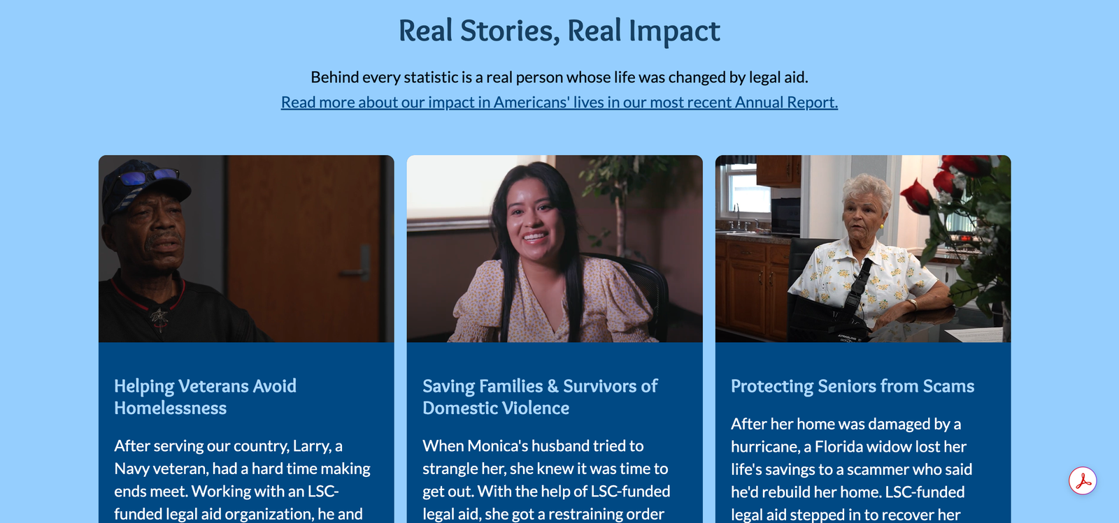 Impact page featuring three client-story cards