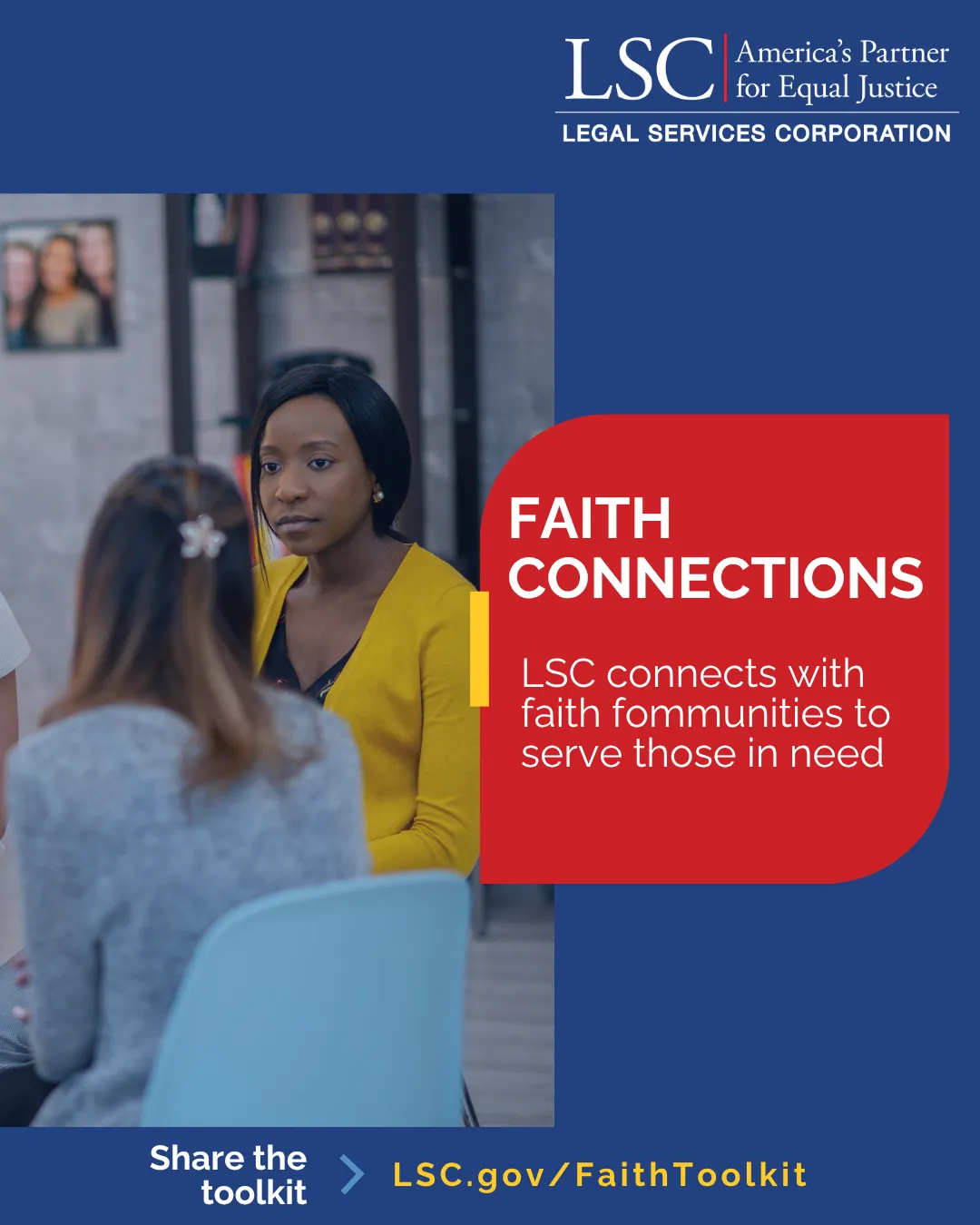 Faith Connections: LSC social graphic showing a community conversation and promoting the faith toolkit.