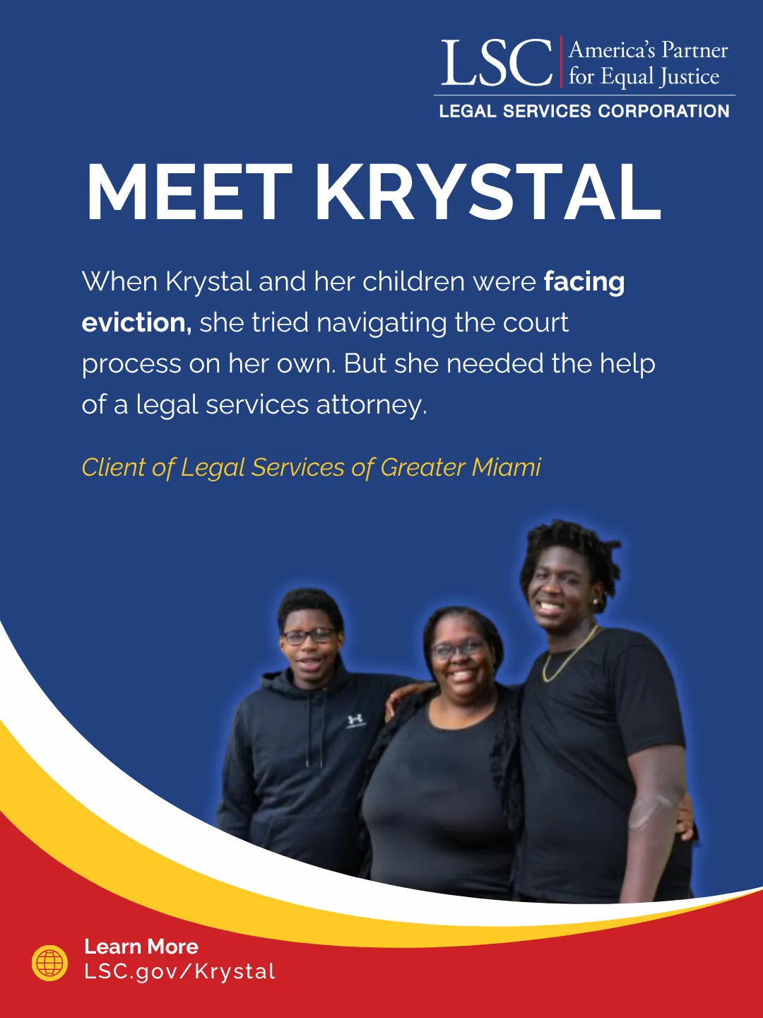 Meet Krystal: LSC social graphic featuring Krystal and her children and their story of legal help when facing eviction.