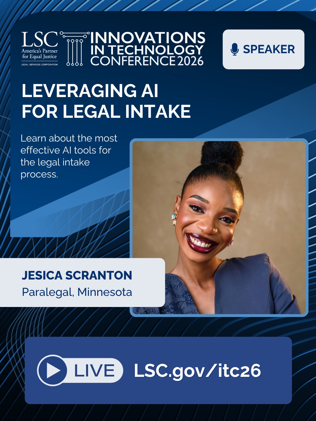 ITC 2026 speaker graphic featuring Jesica Scranton and her session on AI for legal intake